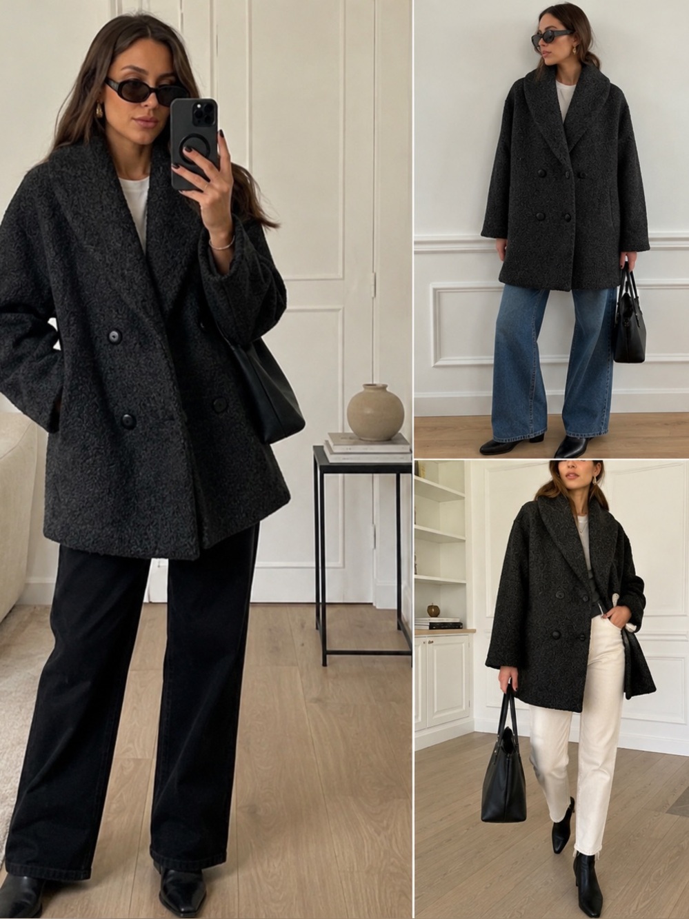 Bernardo Shawl Collar Double-Breasted Bouclé Coat Black Textured Jacket XS